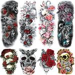 Rose Skull Temporary Tattoo Sleeve for Women Leg, 4-Sheet Full Arm Realistic Color Flower Skull Fake Tattoo Sleeve Adult Girl and 4-Sheet Large Floral Skull Half Temp Tatoo Sticker Thigh Makeup Body Art