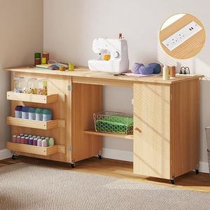 DWVO Large Folding Sewing Table with Charging Station, Multipurpose Craft Table with Compact Design, Sewing Cabinet with Lockable Casters, Storage Shelves, Magnetic Doors, Burlywood