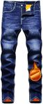 Qazel Vorrlon Men's Fleece Lined Jeans for Men Winter Warm Flannel Lined Jeans Mens Skinny Slim Fit Stretch Denim Pants Dark Blue, Size 40