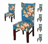 House of Quirk Polyester Elastic Chair Cover Stretch Removable Washable Floral Short Dining Chair Cover Protector Seat Slipcover - Blue Flower (Pack of 6)