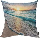 HOSNYE Seaside Wave Cotton Linen Throw Pillow Case Ocean Tropical Beach Sea Coast Sunset Dusk Blue Sand Summer Hawaii Pillow Cushion Covers Home Sofa Decorative 18 X 18 Inch