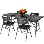 NOVECRAFTO 6ft Folding Table & 4 Folding Chair Set - Functional, Easy-to-Fold-and-Store Furniture for Indoor and Outdoor Use with Wood Grain Pattern, Heavy-Duty Black Plastic Surfaces & Steel Frames