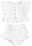 BemeyourBBs Summer Toddler Girl Clothes Baby Girl Ruffle Sleeveless Shirt with Buttons Bow Bloomers Shorts Set Cute Outfits (Solid White, 18-24 Months)