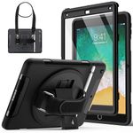 JETech Case for iPad 9.7-Inch (6th/5th Generation, 2018/2017 Model) with Built-in Screen Protector, Protective Shockproof Rugged Tablet Cover, 360° Rotating Hand Strap Stand (Black)