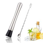 Stainless Steel Cocktail Muddler and Mixing Spoon, Professional Home Bar Muddler Set for Break Ice, Creating Mojitos, Margaritas, Mint, Lemon and Fruit Based Drinks, for Birthday, Party,Housewarming