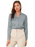 Allegra K Women's Satin Blouse Elegant V Neck Long Sleeve Silky Dressy Office Work Shirt 2024, Dusty Blue, L