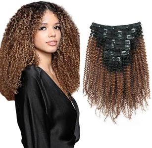 Sassina Remi Human Hair Clip In Extensions Afro Curly 3C 4A For Black Women Two Tone Natural Black Fading to Ginger 120 Grams 7 Pieces Per Bundle With 17 Clips AC TN30 12 Inch