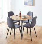 Hallowood Furniture Cullompton Small Round Dining Table and Chairs Set 4, Brown Oak Effect Small Kitchen Table and Grey Fabric Chairs, Round Coffee Table for Home, Office and Café