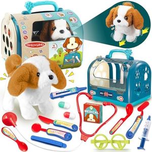 TEUVO Toy Dogs for Kids, Walk/Bark/Tail Wag Plush Dog Toys for Girls 3 4 5 6 Year Old Vet Pet Care Playset 15Pcs Realistic Stuffed Puppy Stethoscope Interactive Electric Dog Toy Gifts Boy Girl Toddler