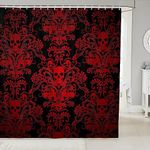 Adults Red Damask Shower Curtain Antique Victorian Baroque Bath Curtain 72" Wx72 L,Vintage Floral Exotic Sugar Skull Waterproof Bathroom Curtains,Gothic Bone Skeleton Bohemian Decor,Black