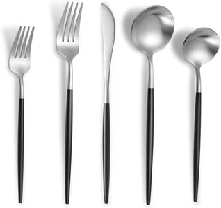 Lemeya Matte Black Silver Silverware Set for 6,Modern Stainless Steel Brushed Cutlery Set,30-Pieces Rustic Flatware Set,Knives Spoons and Forks Set Utensils Set, Satin Finish, Dishwasher Safe