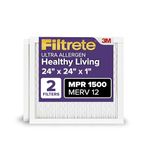 Filtrete 24x24x1 Air Filter, MPR 1500, MERV 12, Healthy Living Ultra-Allergen 3-Month Pleated 1-Inch Air Filters, 2 Filters