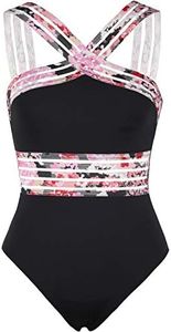 Hilor Women's Slimming One Piece Swimsuits Front Crossover Bathing Suits Twist Front Swimming Suits Black&Pink Floral S/US4-6