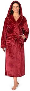 PAVILIA Plush Hooded Robe For Women | Wine Maroon Fluffy Soft Bathrobe With Hood | Fuzzy Warm Spa Robe, Cozy Fleece Long Robe | Satin Trim, Large-X-Large