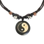 Surfer Cord Necklace with Yin Yang Carved Bone Pendant - Fully Adjustable - Brown & Black Cord