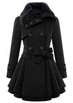 YMING Women's Fur Collar Coat Winter Long Sleeve Outwear Elegant Long Coat Double Breasted Belted Woolen Jacket Casual Coat BLK L