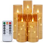 IMAGE Flickering Flameless Candles Battery Operated, Acrylic Shell Pillar 3D Wick LED Candles with 11-Key Remote Control Timer for Wedding Christmas Home Decor Set of 5, Glod