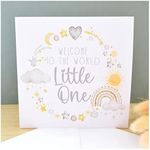 New Baby Card. Girl or Boy. Gender Neutral. Newborn Congratulations. Welcome to World Card. Watercolour Grey Yellow Cloud Star Rainbow. Square Modern Greeting Card