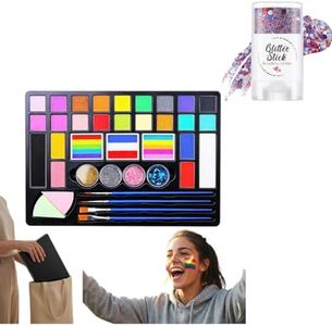24 Color Face Painting Kit, 2026 New Water Activated Face Paint Palette with Brushes, Professional Body Facepaint Makeup Kit for Party, Carnival, Festival (with B Glitter Stick)