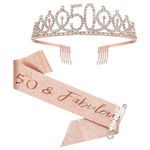 50th Birthday Sash and Tiara, 50 Birthday Rhinestone Crown Birthday Gift for Girls 50th birthday decorations (Rose Gold)