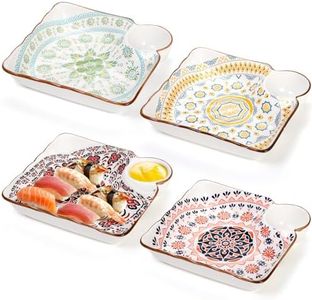 Eorbow 4 Pack Dumpling Plate with Dipping Saucer, 7.5" Ceramic Chips and Dip Plate, Reusable Japanese Sushi Platter, Divided Square Serving Dishes for Home Kitchen Appetizer Snack Salad Fries Gyoza