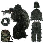 5 in 1 Ghillie Suit Outdoor 3D Hunting Apparel Including Jacket Pants Hood Carry Bag Suitable for Unisex Adults Jungle Woodland Hunting Shooting (L（5.9-6.2ft）, Forest Green Woodland)