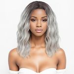 Yamel Wavy Bob Wig Natural Wig Ombre Silver Synthetic Hair Shoulder Length Short Curly Middle Part Lace Front Wigs for Women