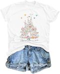 Bobeutou Magic Kingdom Shirts for Women Floral Castle Graphic T Shirt Flower Holiday Vacation Shirt Funny Cute Tee Tops (White,L,Large)