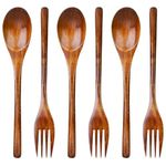 6Pcs Wooden Spoons Forks Set, Wooden Spoons and Forks Cutlery Set, Reusable Wooden Utensil Set Wood Flatware Sets for Stirring Cooking Camping