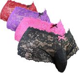 aishani Men's lace Underwear Bikini Briefs Panties stitched comfy pouch －4 pack (jet-black,hot pink,rio red,purple) XL, 4 Pack (Jet-black ,Hot Pink ,Rio Red,purple), X-Large