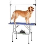 PawHut Adjustable Dog Grooming Table Rubber Top 2 Safety Slings Mesh Storage Basket Heavy Metal Blue 42.25"x 23.5" x 67"