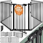 CASARIA® 5 Section Foldable Metal Fireplace Safety Gate with Safety Door Lock | Foldable 306x77cm Fireplace Safety Gate Barrier | Steel Plastic Dog Baby Kids Stove Gate Black (1x)