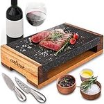 Nutrichef Cooking Stone Grill Set - Hot Lava Rock Sizzling Plate for Steak BBQ & Meat Grilling with Stainless Steel Knives, Cooks and Retains Heat & Flavor, Heated Tray for Serving Food