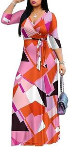 AOMONI Women's Maxi Floral Print Casual 3/4 Sleeve V-Neck Wrap Tie Waist Long Dress, 1-black Pink, Large