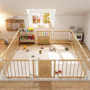 IKALIFE Extra Large Wooden Baby Storage Playpen - Adjustable Play Yard for Babies and Toddlers, Baby Fence Activity Center with Locking Gate, 4 Toy Storage Cases Play Pen 11+3 Panels 70.9”×70.9”