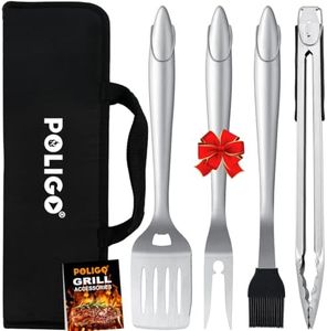 POLIGO 5PCS BBQ Tools Set BBQ Accessories Heavy Duty Stainless Steel Grill Set for Outdoor Barbecue Accessories BBQ Set Utensils in Case - Premium BBQ Kit Ideal Father's Day Birthday Gifts for Dad Men