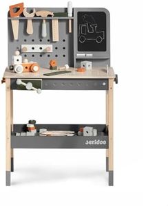 JERIDOO Kids Wooden Workbench, 61-Piece Tool Bench Set with Saw, Hammer, Spanner, Screwdriver, Nuts and Bolts, Chalkboard, Safety Goggles and Gloves, Construction Toy for Boys and Girls Age 3+