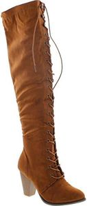 Forever Camila-48 Women's Chunky Heel Lace Up Over The Knee Brown High Riding Boots,Tan Suede,7
