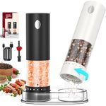 CIRCLE JOY Electric Salt and Pepper Grinder Set with 6 Levels External Adjustable Coarseness, Dustproof Storage Base, Automatic Pepper Mill Shakers Set for Kitchen, White LED Light, Black White