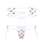 VicSec Women Micro Bikini Kawaii Heart Embroidery Bandeau Swimsuit Japanese Anime Cosplay Lingerie Tiny String Sliding Top Tie Side Thong Small Bra and Panty Set for Beach Theme Party (Strawberry)