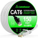 Cat 6 Ethernet Cable 150 ft White (at a Cat5e Price but Higher Bandwidth) Cat6 10Gbps Flat Internet Network Cable - Computer LAN Cable + Free Cable Clips and Straps