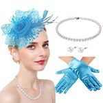 Magibag Fascinators Hat for Women Tea Party 50s Kentucky Derby Hat Set Headwear Lace Gloves Pearl Necklace Earrings, 02 Sky Blue, Medium