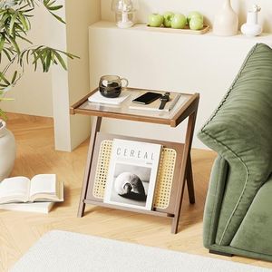 Bamworld Rattan Side Table Boho NightStand Mid Century Modern End Table Glass Bedside Table Small End Tables Bamboo Coffee Table with Storage Record Player Stand for Living Room Bedroom