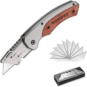 WORKPRO Folding Utility Knife, Quick-Change Box Cutter with Stainless Steel Head & Liner Lock, Wood Handle Razor Knife and Extra 10PC SK5 Blades