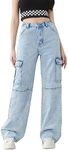 WDIRARA Girl's Flap Pocket Side High Waist Straight Leg Cargo Long Jeans Denim Pants A Light Wash Blue 16Y