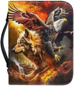 Leather Bible Cover with Handles,UINDDWCB Zippered Bible Carrying Case for Men and Boys,Bible Book Cover,Wolf and Bald Eagle,X-Large
