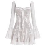 IBAKOM Women's Sexy Mini Dress Vintage Long Bell Sleeve Corset Dress Floral Lace Ruffle A Line Flowy Party Dress White M