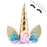 HASTHIP Handmade Gold Reusable Unicorn Horn Ears Eyelash Set Birthday Cake Topper for Decoration (5.8 Inch)