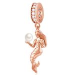 Rose Gold Mermaid Pendant Charms Holding Pearl fit Pandora Ocean Bracelet, 925 Sterling Silver Little Mermaid Princess Ariel Dangle Sea Life Bead, Gift for Sister/Girl/Christmas