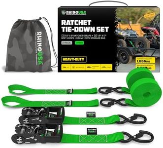 RHINO USA Ratchet Straps Tie Down Kit, 5,208 Break Strength - Includes (2) Heavy Duty 1.6" x 8' Rachet Tiedowns with Padded Handles & Coated Chromoly S Hooks + (2) Soft Loop Tie-Downs